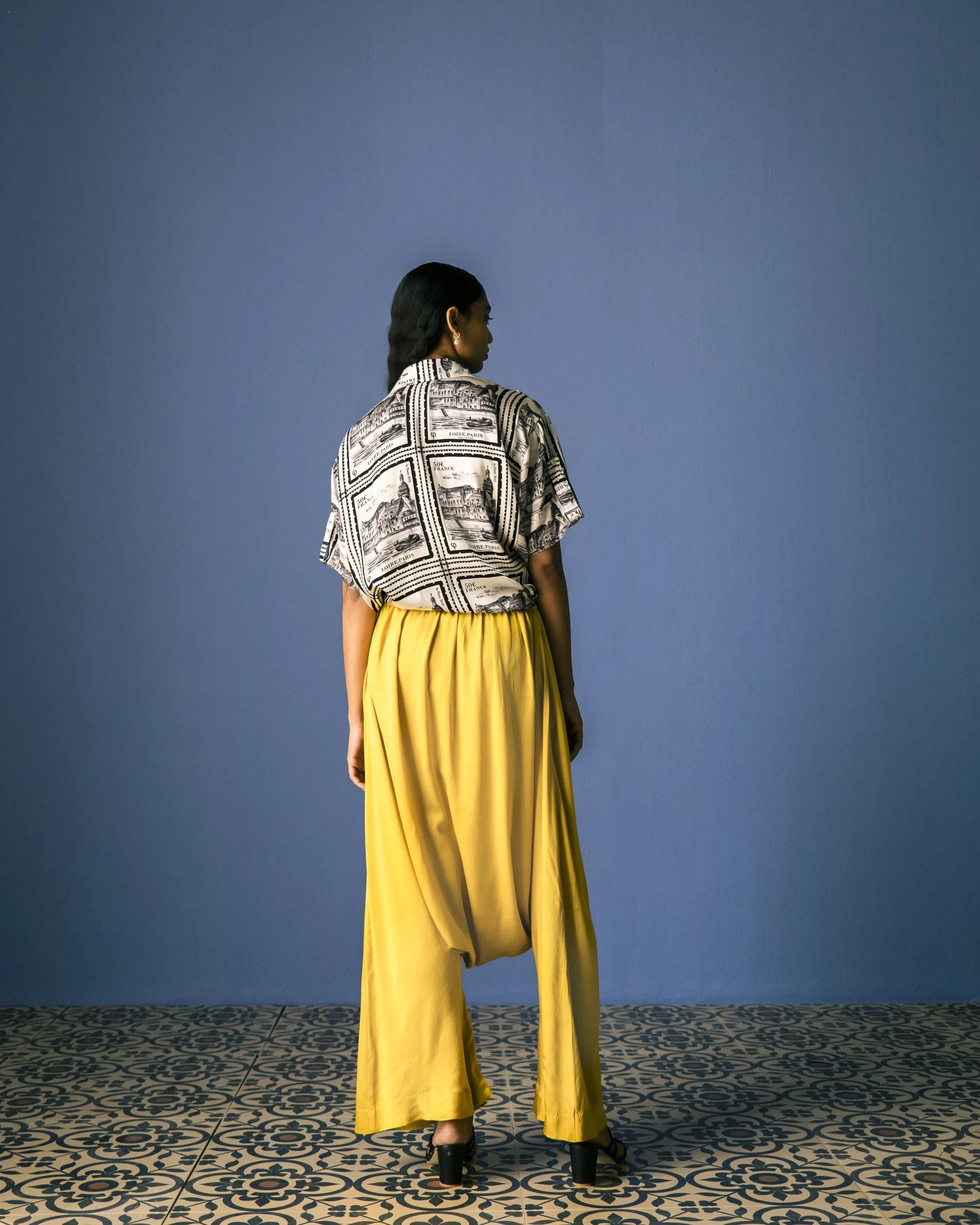 Studio Rigu   I   Paris Front Knot Shirt  Digitally Printed Vegan Silk Paris Block Digital Print Srch037