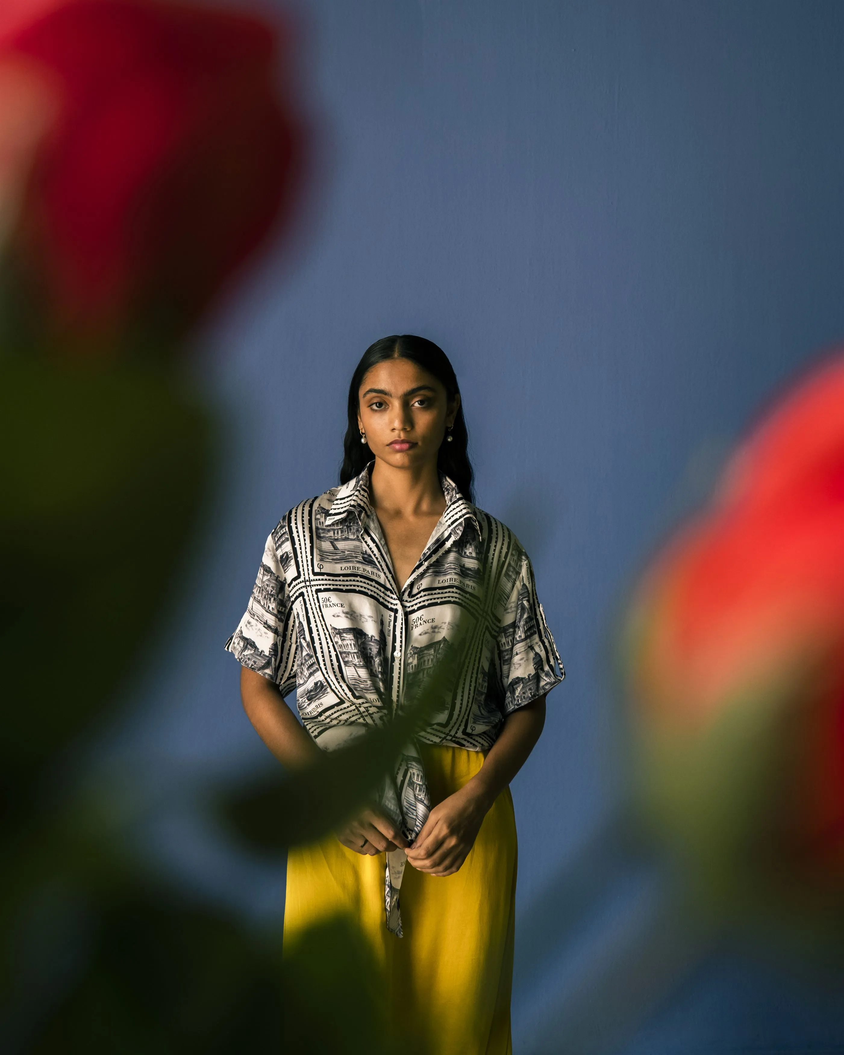 Studio Rigu   I   Paris Front Knot Shirt  Digitally Printed Vegan Silk Paris Block Digital Print Srch037