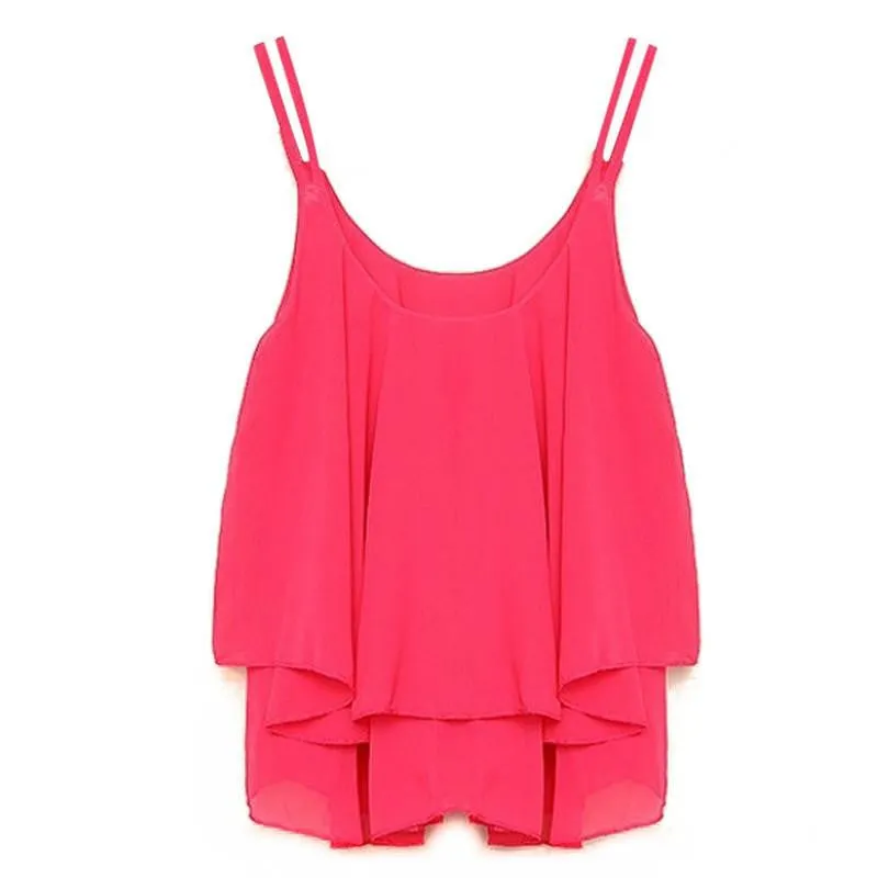 Style Fashion Women Tank Tops Casual Chiffon Double Layer Sleeveless Loose Solid Crop Top Plus Size S-4XL