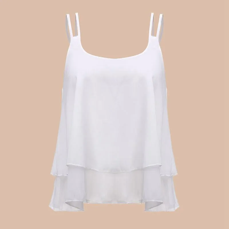 Style Fashion Women Tank Tops Casual Chiffon Double Layer Sleeveless Loose Solid Crop Top Plus Size S-4XL