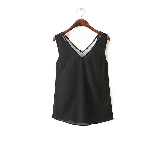 Summer Women Tank Tops Lace Mesh Patchwork Sexy V Neck Chiffon Shirts Black White Backless Camisole Blusas Plus Size S-4XL