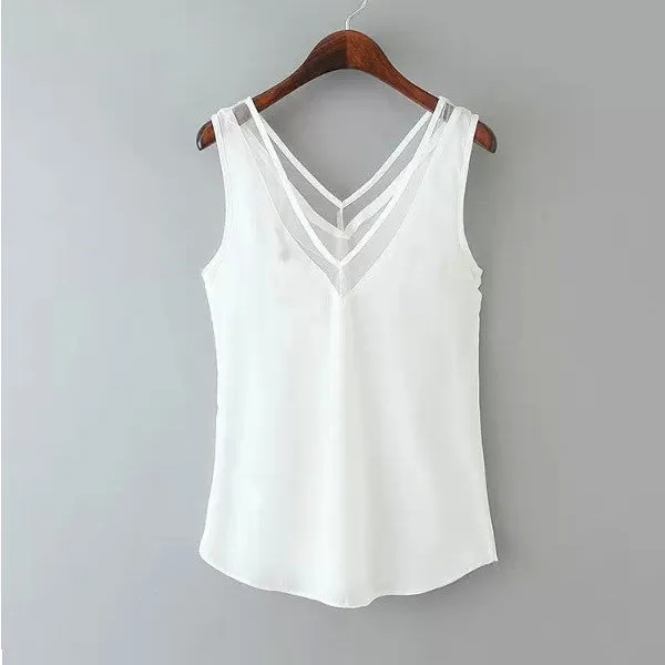Summer Women Tank Tops Lace Mesh Patchwork Sexy V Neck Chiffon Shirts Black White Backless Camisole Blusas Plus Size S-4XL