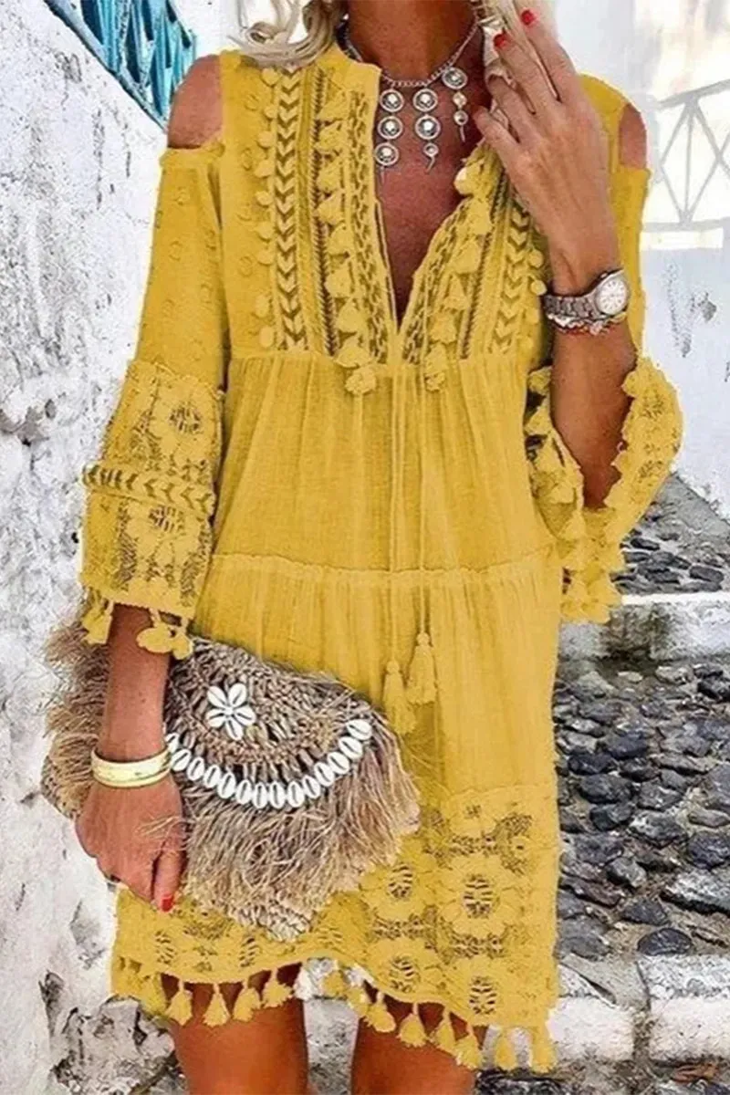 Sweet Patchwork Embroidered Hollowed Out With Bow V Neck Irregular Dress Dresses(8 Colors)