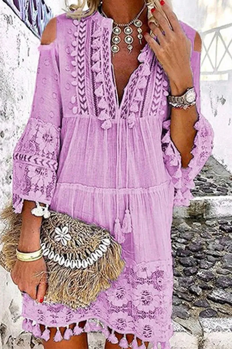 Sweet Patchwork Embroidered Hollowed Out With Bow V Neck Irregular Dress Dresses(8 Colors)