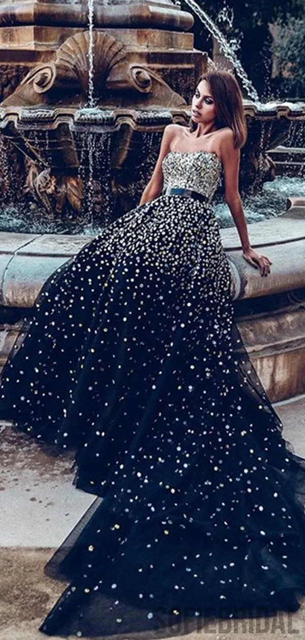 Sweetheart Long A-line Black Tulle Rhinestone Beaded Prom Dresses, PD0932