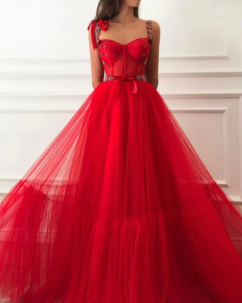 Sweetheart Neck Beaded Red Floral Long Prom Dress, Red Floral Long Formal Evening Dress