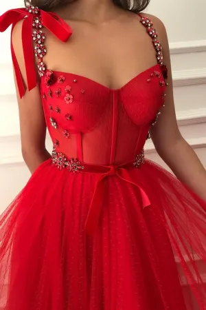 Sweetheart Neck Beaded Red Floral Long Prom Dress, Red Floral Long Formal Evening Dress