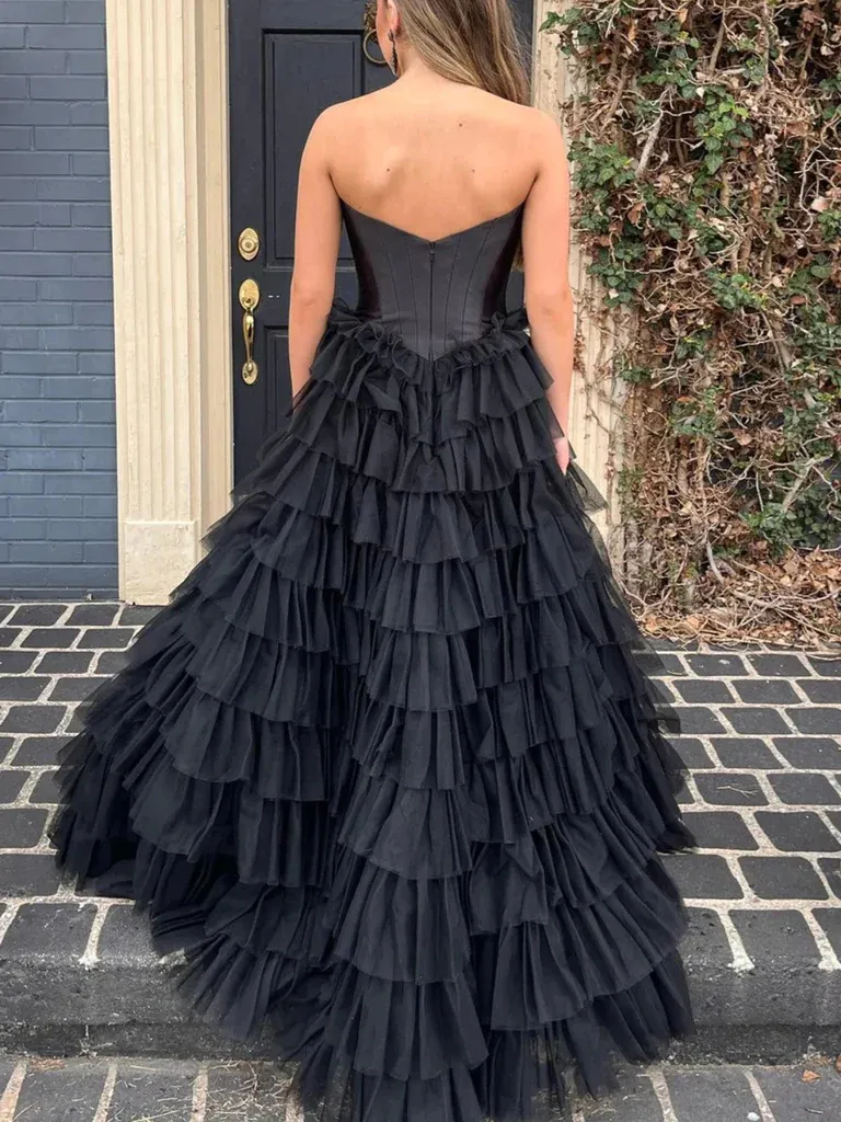 Sweetheart Neck Strapless Black Ruffle Tulle Long Prom Dresses, Sweetheart Neck Strapless Black Ruffle Tulle Long  Formal Evening Dresses, Ball Gown