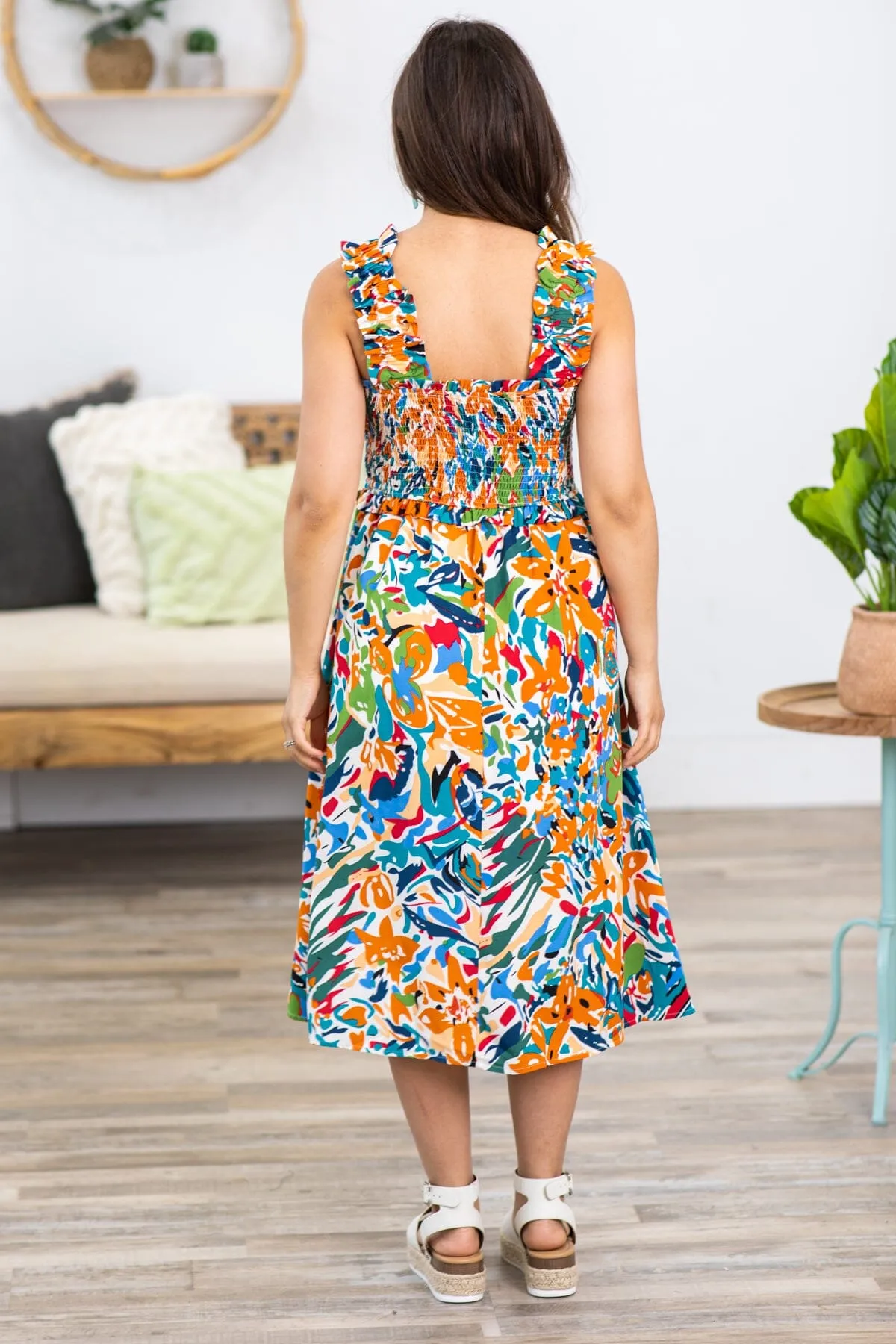 Teal and Burnt Orange Multicolor Floral Dress