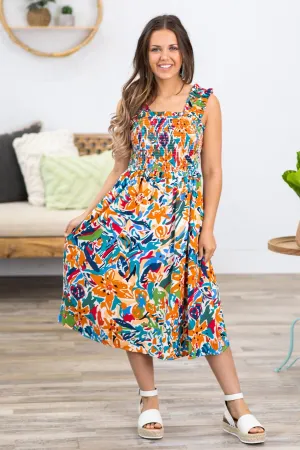 Teal and Burnt Orange Multicolor Floral Dress