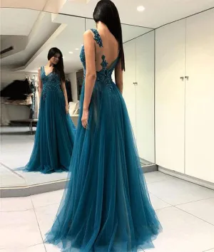 teal blue beaded prom dresses v neck lace appliqué tulle elegant prom gown vestido de longo