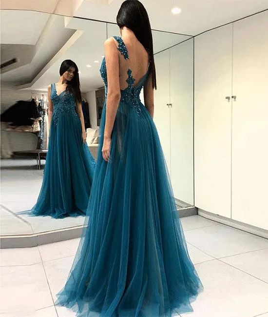 teal blue beaded prom dresses v neck lace appliqué tulle elegant prom gown vestido de longo