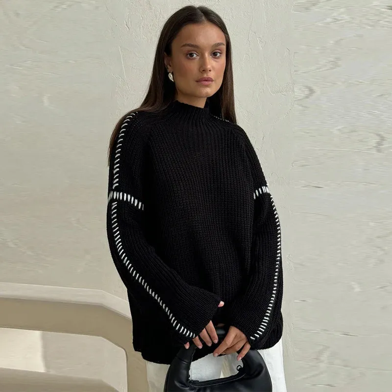 thanksgiving outfit JazzHer Casual Knit Contrast Pullovers Women Loose High Collar Long Sleeve Sweaters Female 2024 Autumn Fashion All-match Lady Knitwear