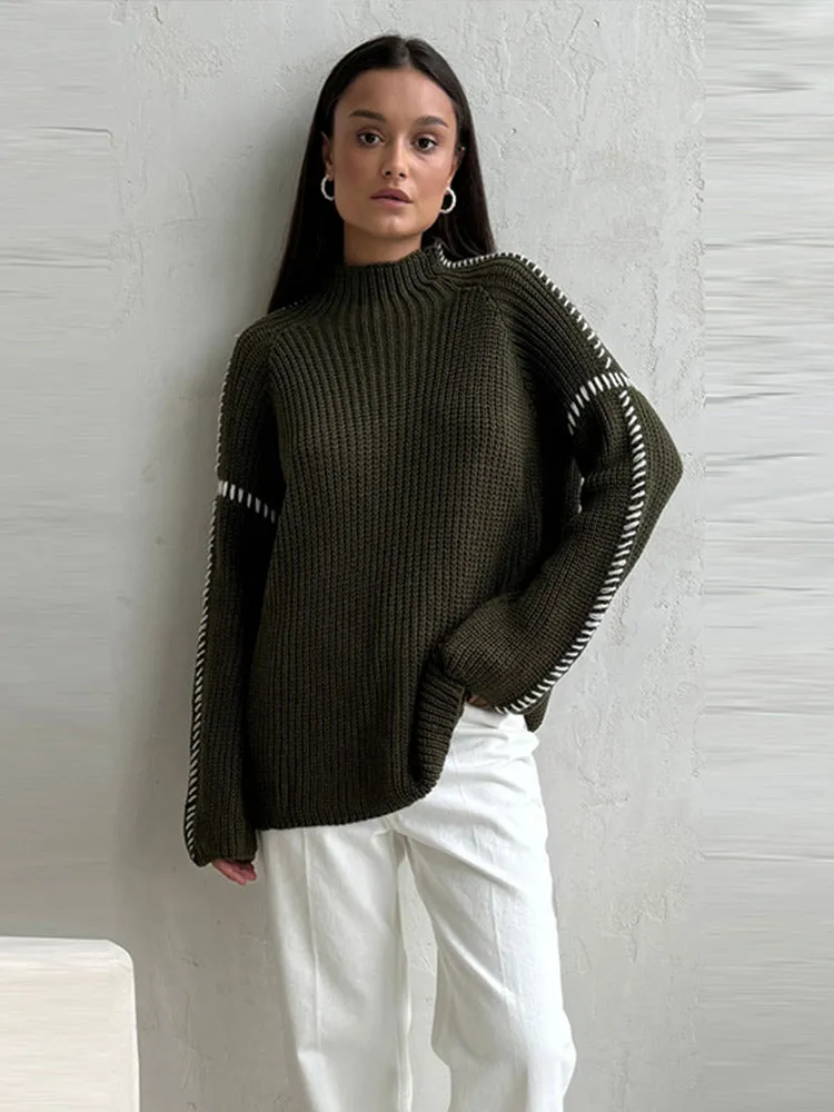 thanksgiving outfit JazzHer Casual Knit Contrast Pullovers Women Loose High Collar Long Sleeve Sweaters Female 2024 Autumn Fashion All-match Lady Knitwear