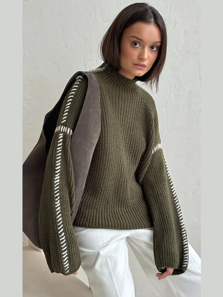 thanksgiving outfit JazzHer Casual Knit Contrast Pullovers Women Loose High Collar Long Sleeve Sweaters Female 2024 Autumn Fashion All-match Lady Knitwear