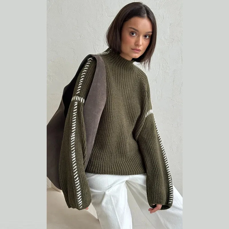thanksgiving outfit JazzHer Casual Knit Contrast Pullovers Women Loose High Collar Long Sleeve Sweaters Female 2024 Autumn Fashion All-match Lady Knitwear