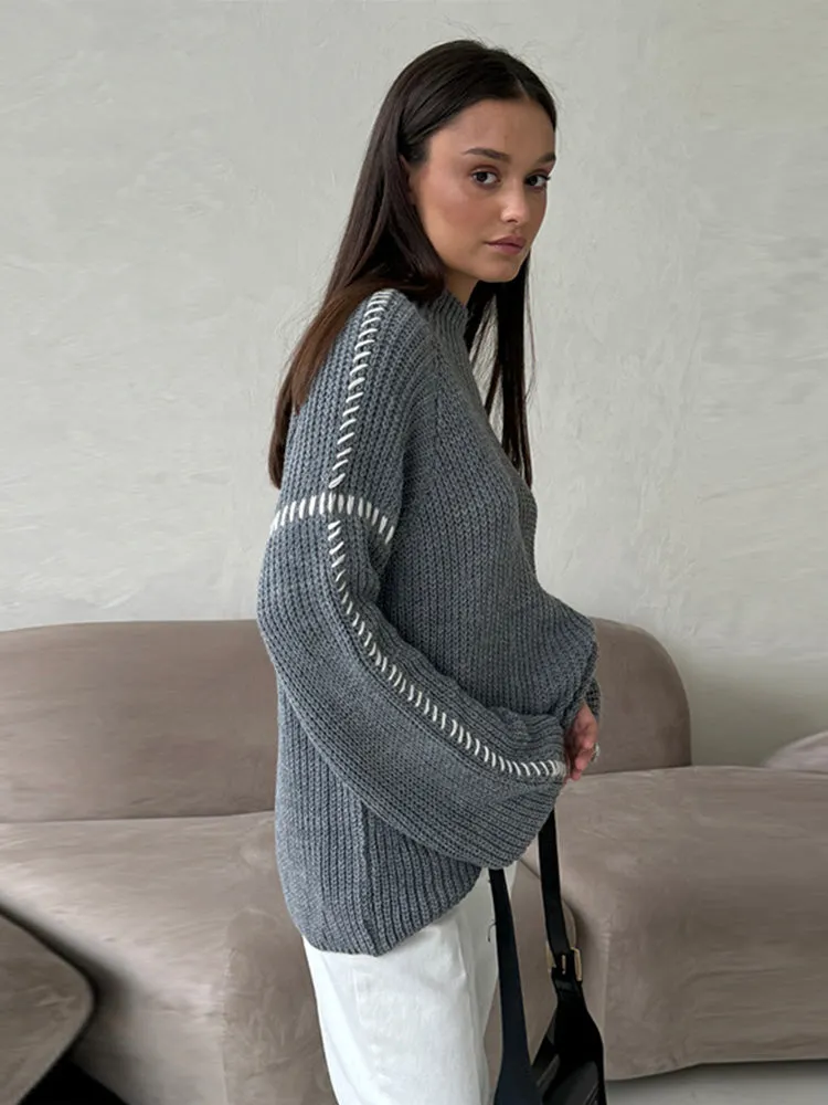 thanksgiving outfit JazzHer Casual Knit Contrast Pullovers Women Loose High Collar Long Sleeve Sweaters Female 2024 Autumn Fashion All-match Lady Knitwear