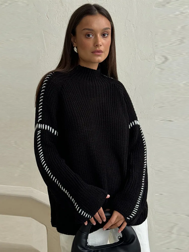 thanksgiving outfit JazzHer Casual Knit Contrast Pullovers Women Loose High Collar Long Sleeve Sweaters Female 2024 Autumn Fashion All-match Lady Knitwear