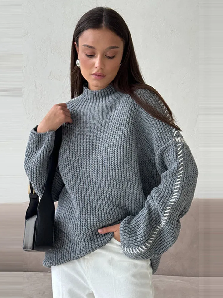 thanksgiving outfit JazzHer Casual Knit Contrast Pullovers Women Loose High Collar Long Sleeve Sweaters Female 2024 Autumn Fashion All-match Lady Knitwear