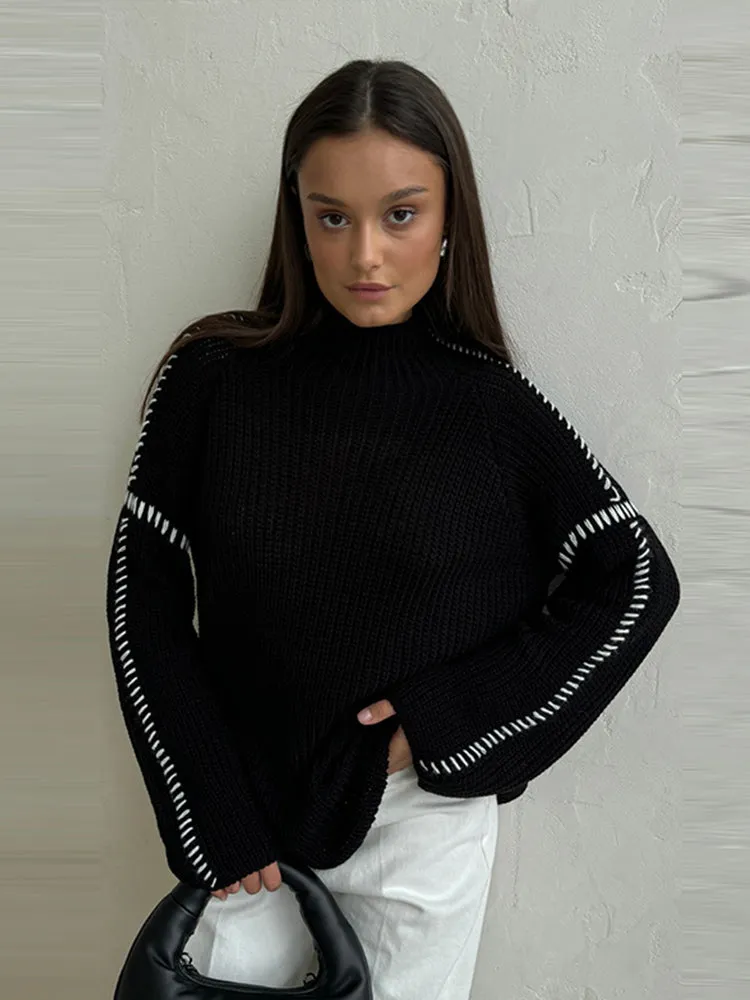 thanksgiving outfit JazzHer Casual Knit Contrast Pullovers Women Loose High Collar Long Sleeve Sweaters Female 2024 Autumn Fashion All-match Lady Knitwear