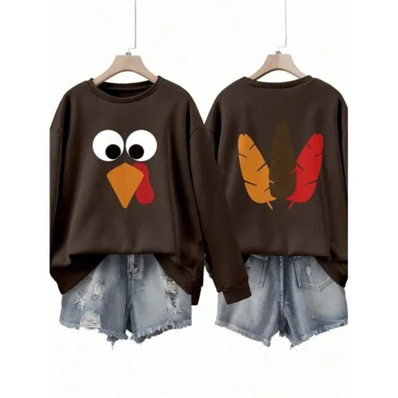 Turkey Long Sleeve Crew Neck Sweatshirt, Casual Pullover For Autumn/Winter
