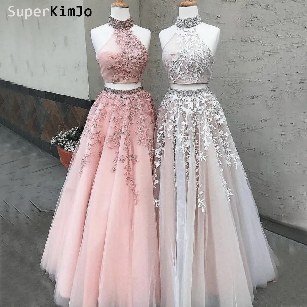 two piece prom dresses 2020 high neck lace appliqué beaded champagne elegant prom gown