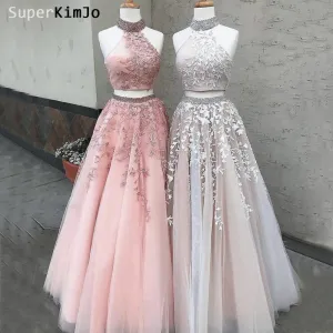 two piece prom dresses 2020 high neck lace appliqué beaded champagne elegant prom gown