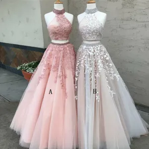 Two Pieces Tulle Applique Prom Dress, Sleeveless Open-Back Prom Dress, A-Line Beaded Prom Dress, D134