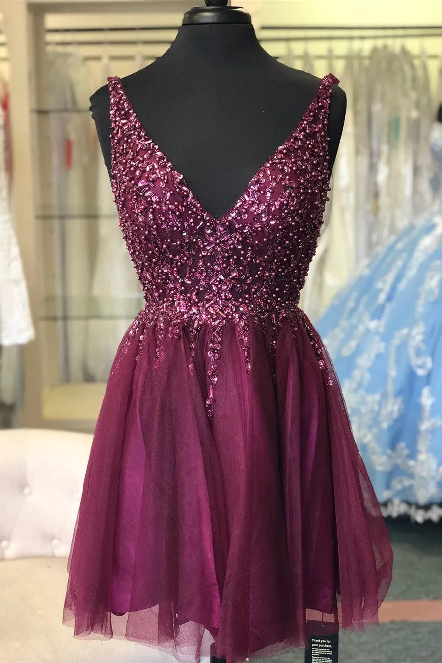 V-Neck Beaded Dark Green Homecoming Dress