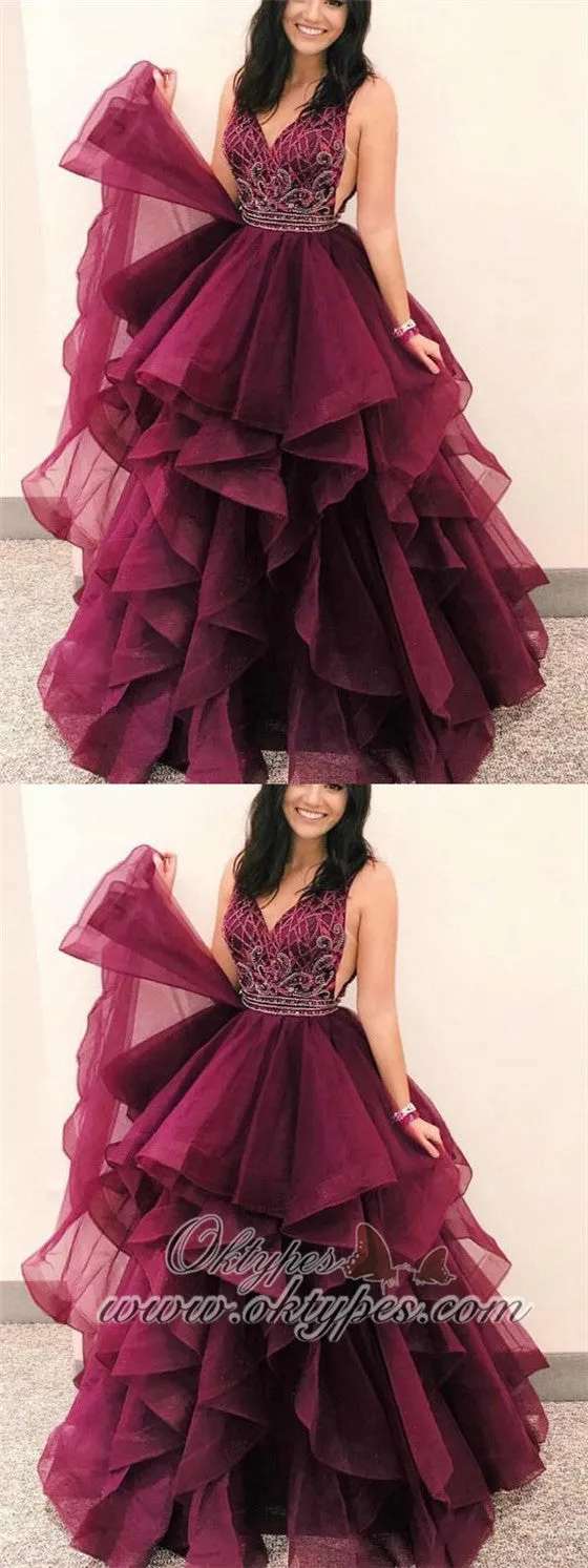 V-neck Beaded Long Prom Dresses, Popular Ball Gown, Prom Dresses, TYP1400