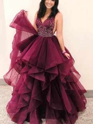 V-neck Beaded Long Prom Dresses, Popular Ball Gown, Prom Dresses, TYP1400