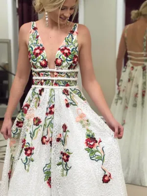 V Neck Long  White Lace Beaded Prom Dresses, White  Beaded Lace Formal Graduation Evening Dresses