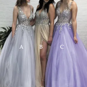 vestido de fiesta 2020 cheap prom dresses long v neck beaded purple elegant sleeveless silver prom gown 2021