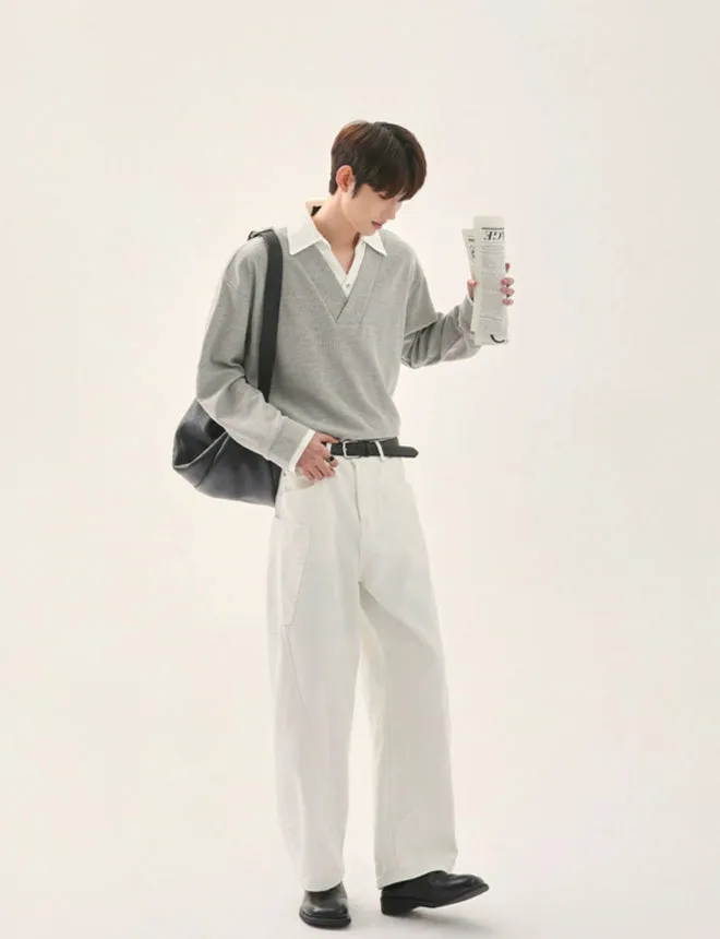 Waffle Collar Long-sleeve Pullover