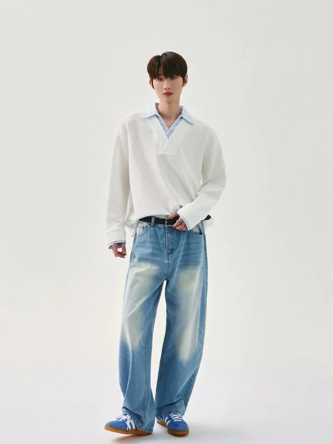 Waffle Collar Long-sleeve Pullover