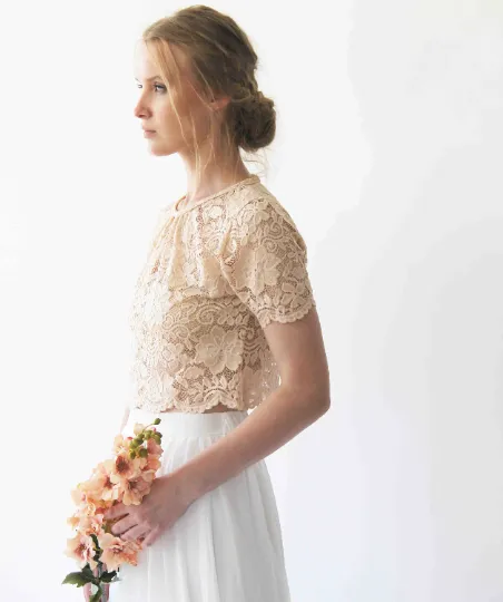 Wedding Dress Separates, Blush Lace Top, Ivory Chiffon Skirt #1380