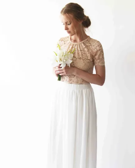 Wedding Dress Separates, Blush Lace Top, Ivory Chiffon Skirt #1380