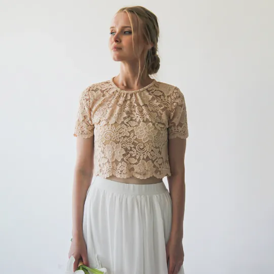 Wedding Dress Separates, Blush Lace Top, Ivory Chiffon Skirt #1380