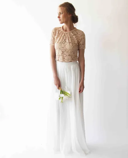 Wedding Dress Separates, Blush Lace Top, Ivory Chiffon Skirt #1380
