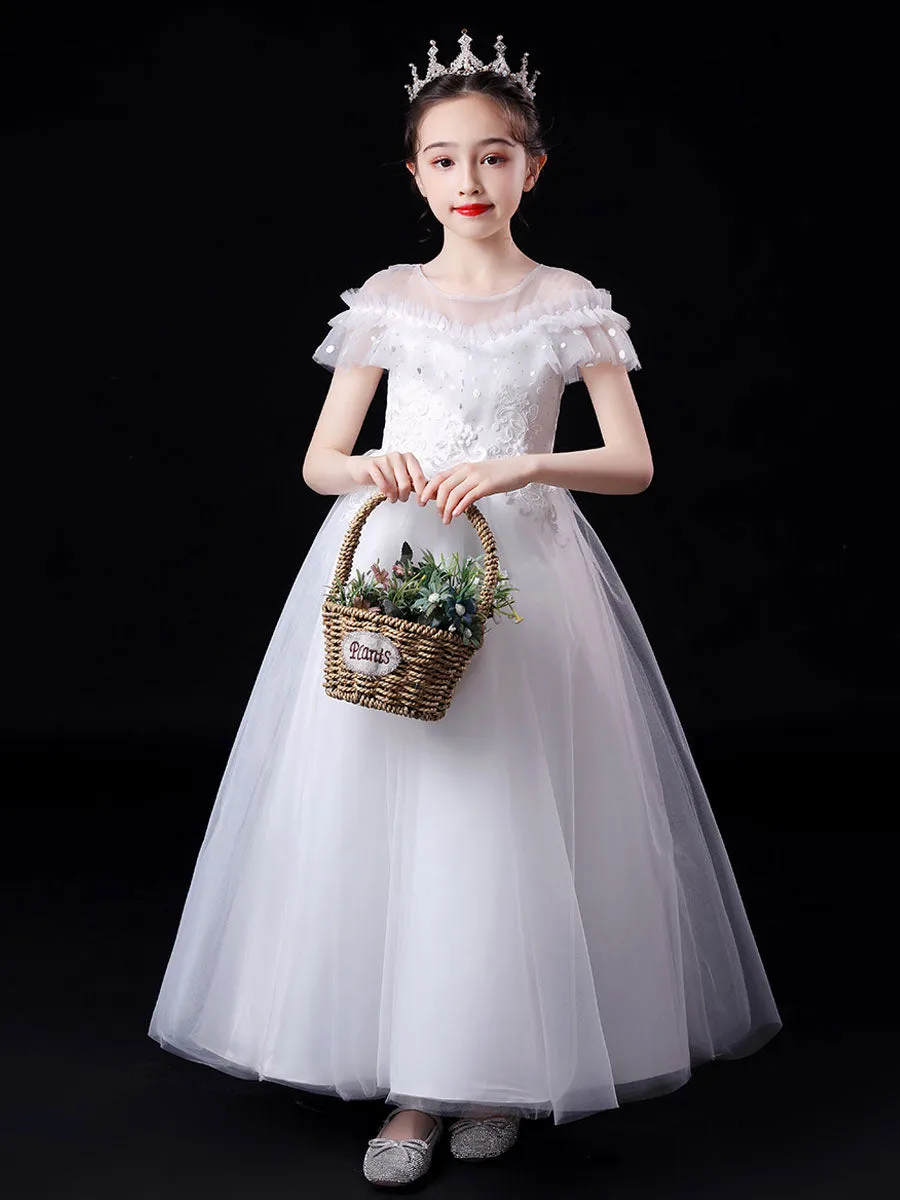 White Illusion Neckline Short Sleeves Ankle-Length Princess Dress Flowers Beaded Embellishment Tulle Kids Party Dresses