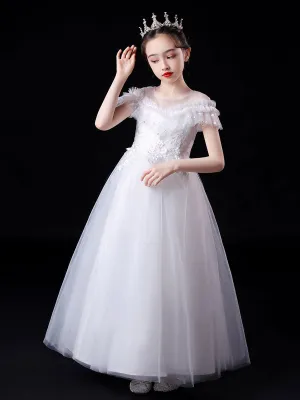 White Illusion Neckline Short Sleeves Ankle-Length Princess Dress Flowers Beaded Embellishment Tulle Kids Party Dresses