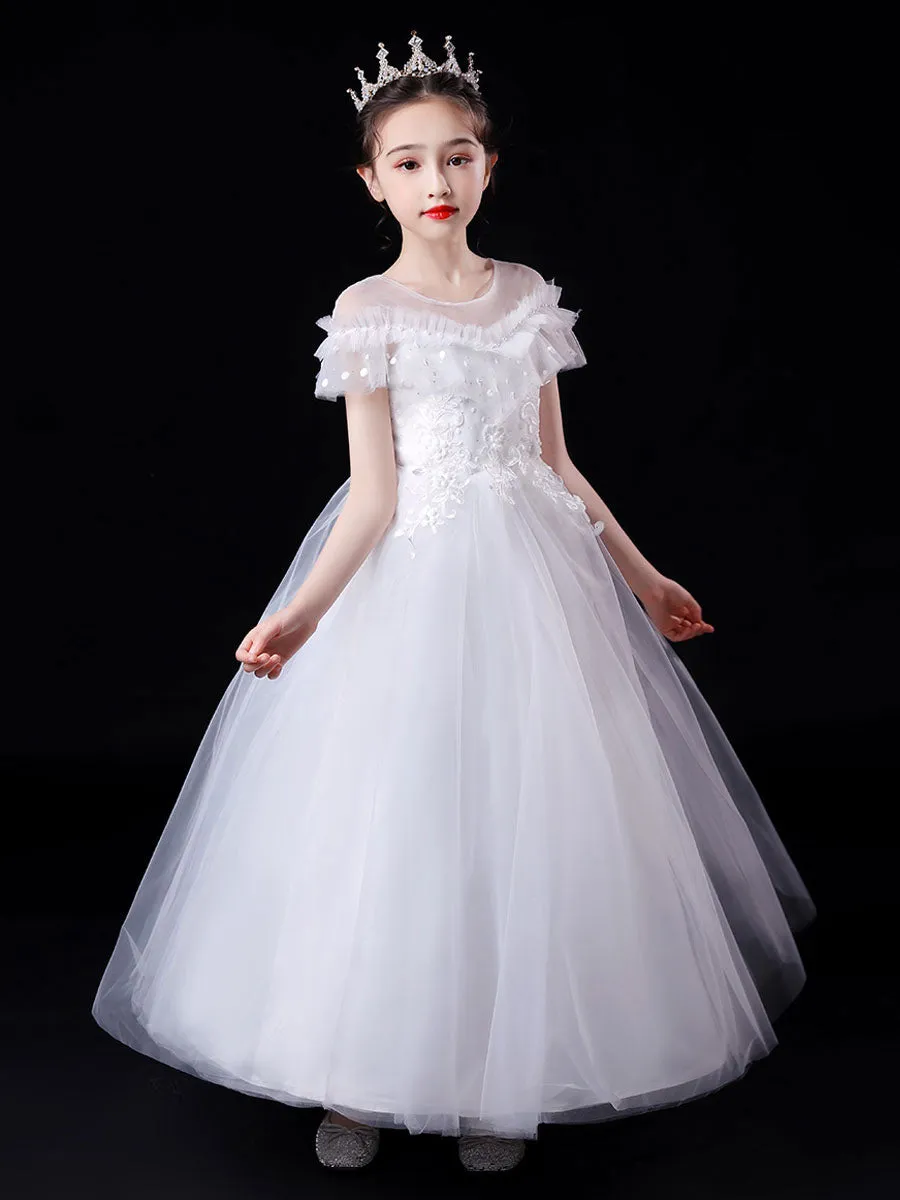White Illusion Neckline Short Sleeves Ankle-Length Princess Dress Flowers Beaded Embellishment Tulle Kids Party Dresses
