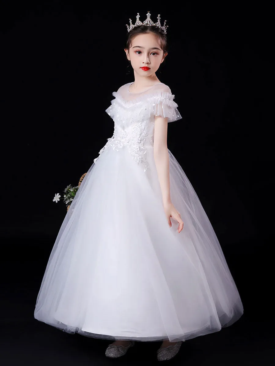 White Illusion Neckline Short Sleeves Ankle-Length Princess Dress Flowers Beaded Embellishment Tulle Kids Party Dresses