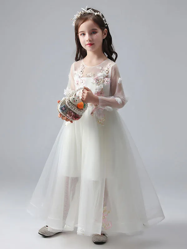 White Jewel Neck Long Sleeves Ankle-Length Princess Dress Tulle Flowers Beaded Embroidered Formal Kids Pageant flower girl dresses