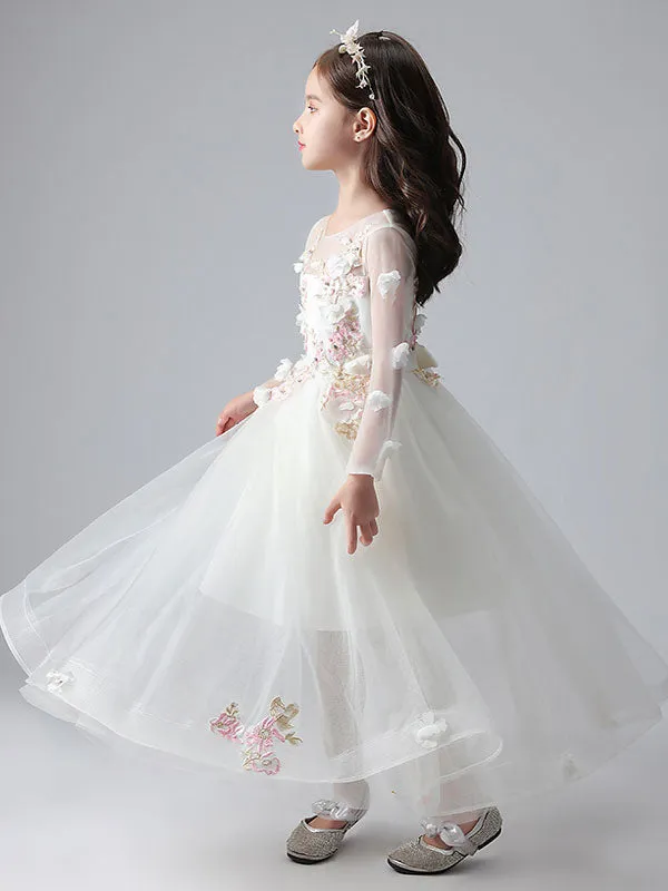 White Jewel Neck Long Sleeves Ankle-Length Princess Dress Tulle Flowers Beaded Embroidered Formal Kids Pageant flower girl dresses
