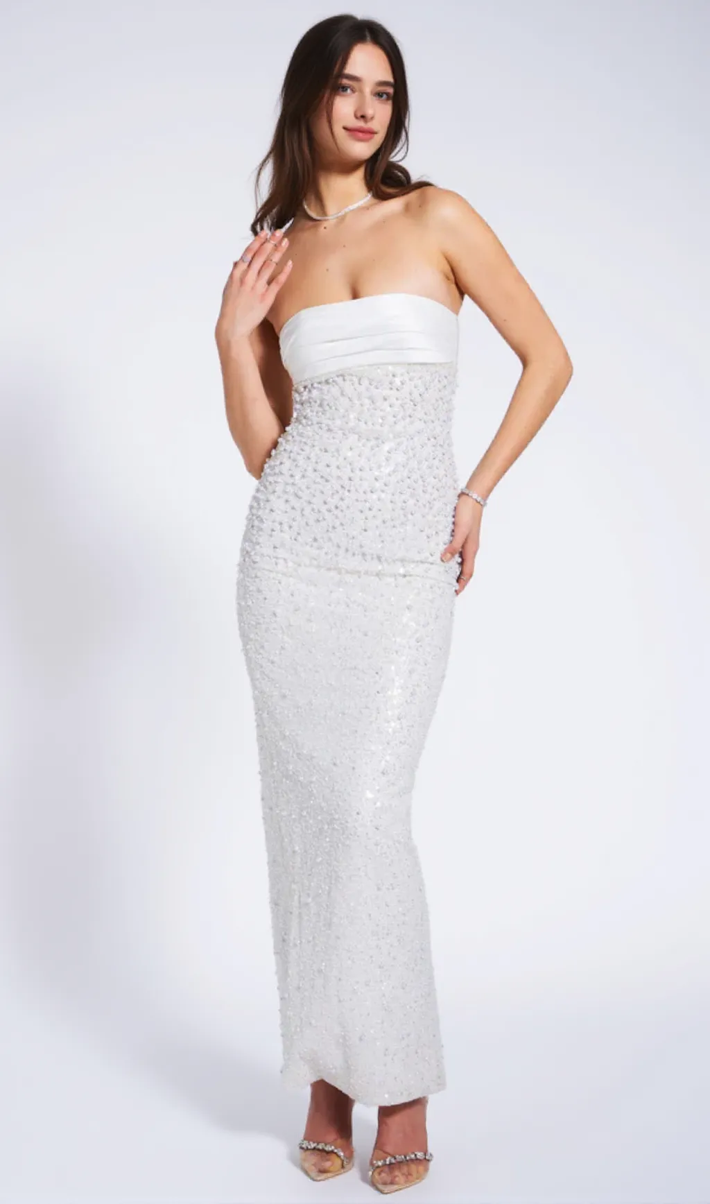 WHITE SATIN SEQUIN PEARLS BEADED MAXI DRESS