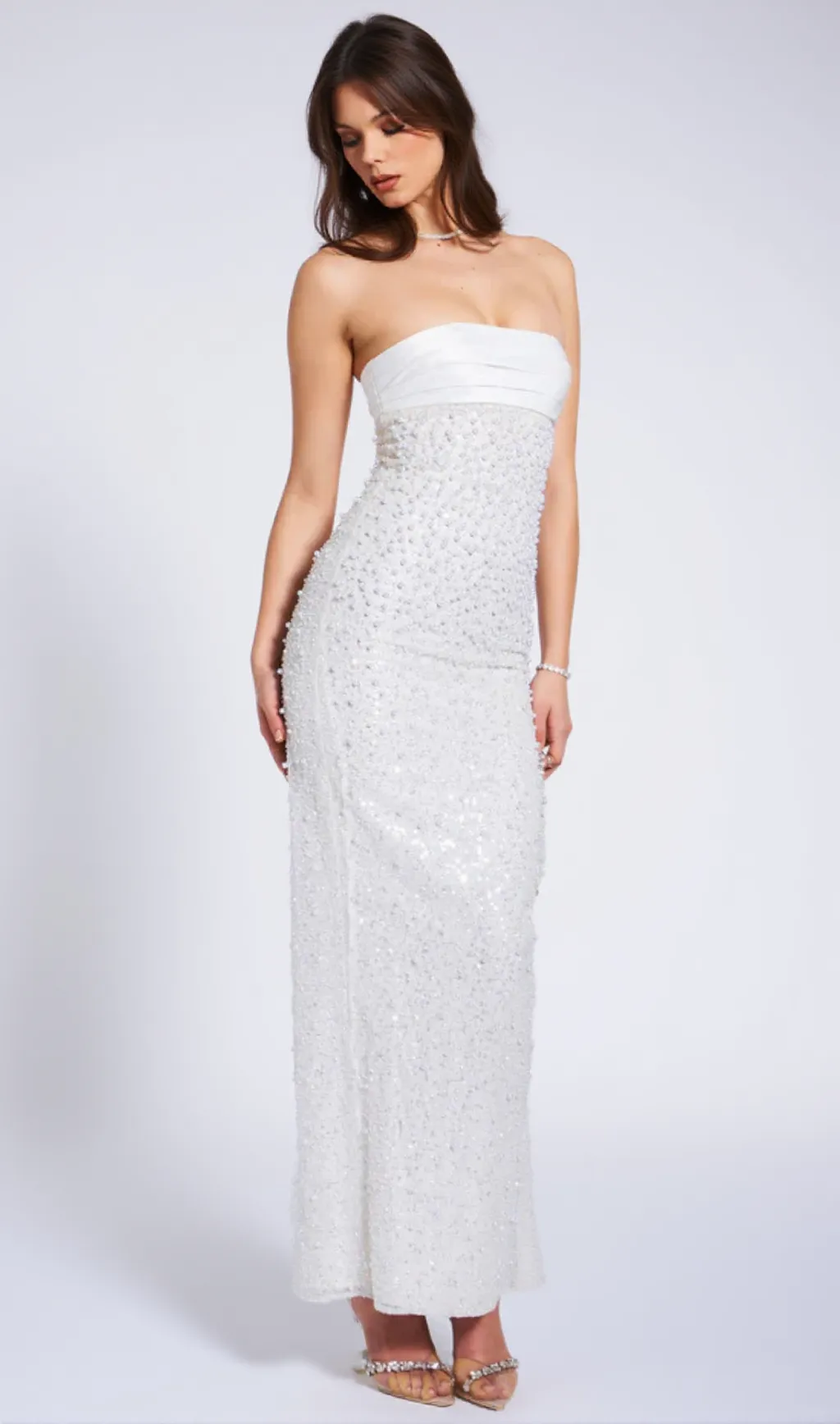 WHITE SATIN SEQUIN PEARLS BEADED MAXI DRESS