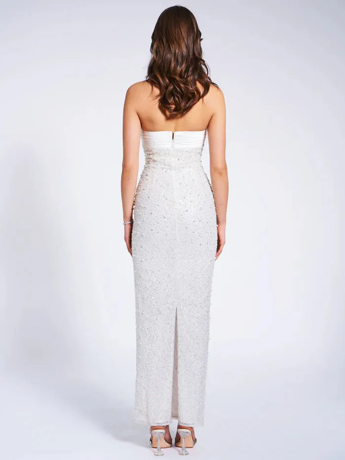 WHITE SATIN SEQUIN PEARLS BEADED MAXI DRESS