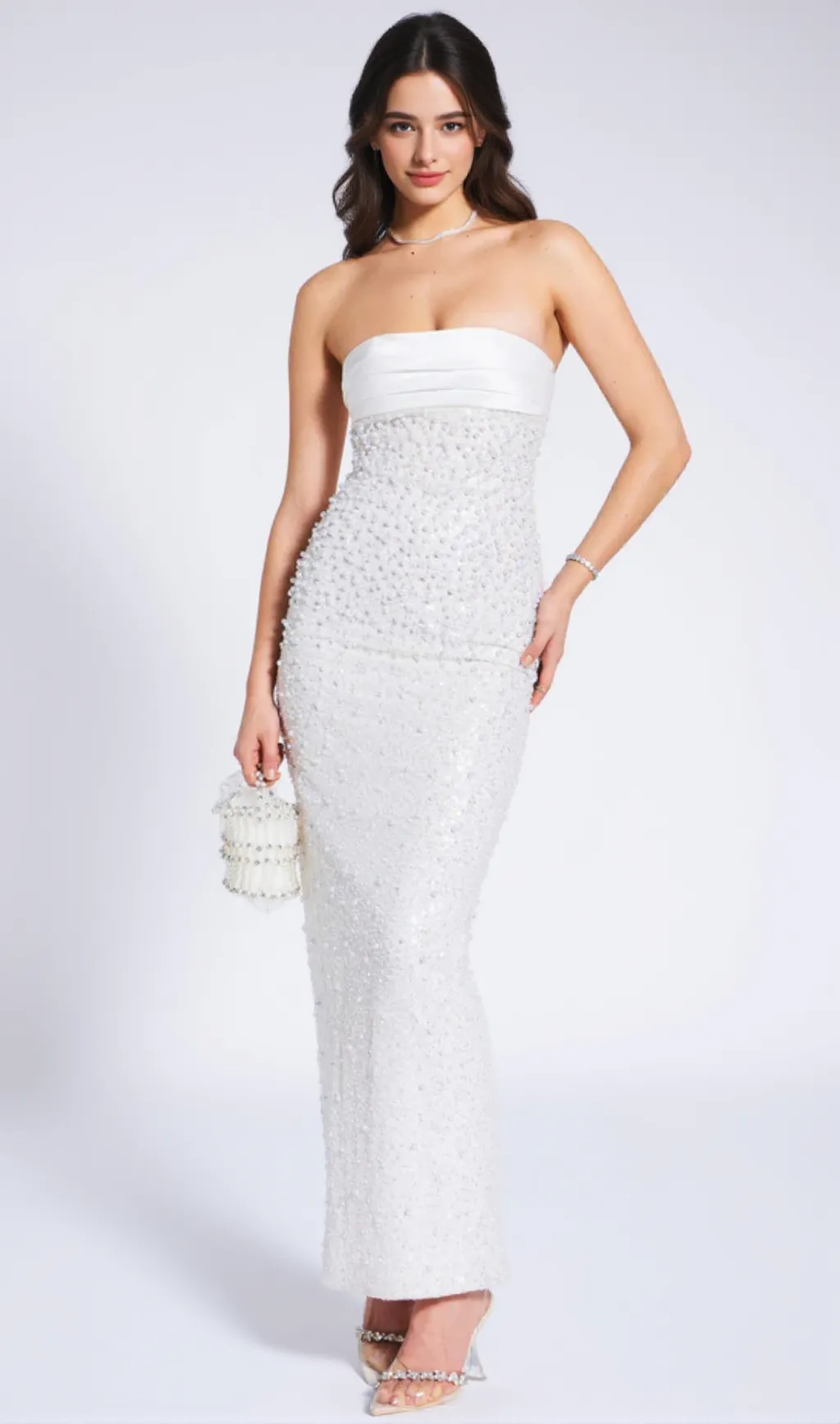 WHITE SATIN SEQUIN PEARLS BEADED MAXI DRESS