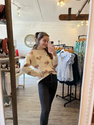 White Sweater w/ Multicolor Hearts